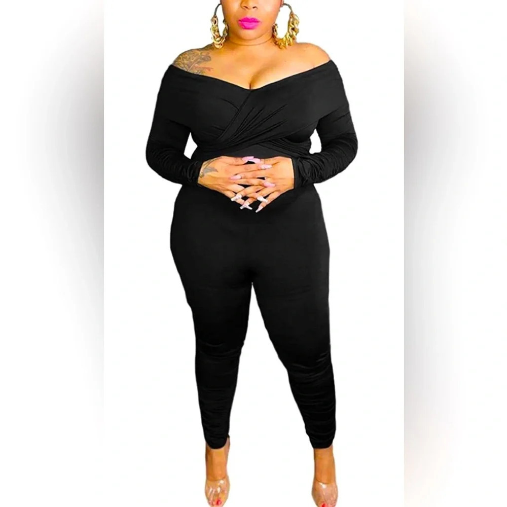 Sexy Off Shoulder Solid Color Ruched Bodycon Jumpsuits 5XL